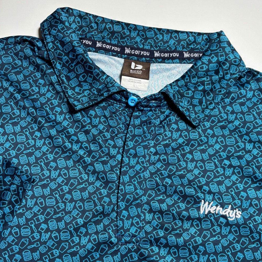 Wendy's Fast Food Print Uniform Polo Shirt Mens L Blue Buger Fry Graphic Print